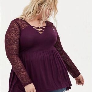NWT Torrid 00 (M/L) Babydoll Lace Super Soft Lattice High Low Top